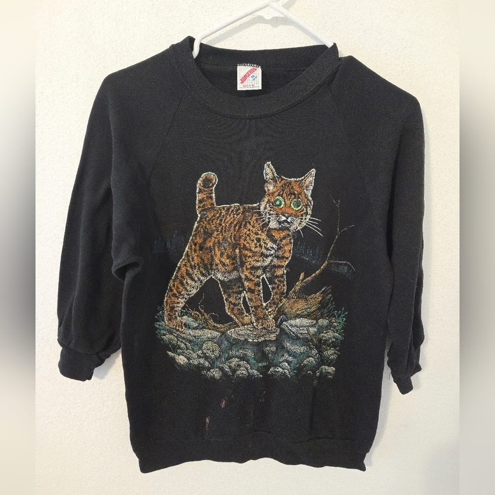 Vintage Lynx Bobcat Wildcat Sweatshirt Jeweled Embellished Eyes Womens Medium US - Picture 1 of 8